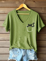 Niedliche Katze bedrucktes Kurzarm-T-Shirt für Frauen