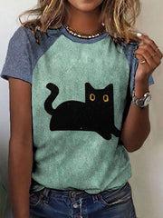 Schwarze Katzen-T-Shirts für Frauen mit Farb blockierung
