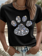 Frauen glänzendes Strass-Pfoten muster T-Shirt