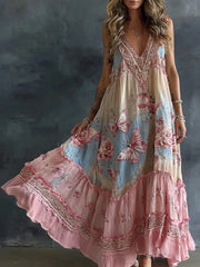 Damen-Floral- und Schmetterlings-Kunstdruck, fließendes Freizeit-Maxikleid aus Leinenmix, ärmellos