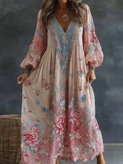 Damen-Floral- und Schmetterlings-Kunstdruck fließendes Leinen-Mischgewebe lässiges V-Ausschnitt-Maxikleid
