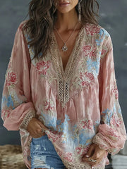 Damen Vintage Blumen- und Schmetterlingsbestickte Kunstprint Fließende Leinenmischung Lässige Tops