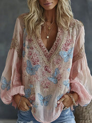 Damen Vintage Blumen- und Schmetterlingsbestickte Kunstprint Fließende Leinenmischung Lässige Tops