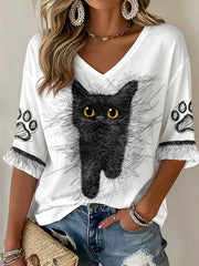 Damen-T-Shirts mit V-Ausschnitt, Katzen-Kunstdruck