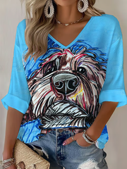 Damen-Hundekunst-Print-Waffel-T-Shirt