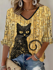 Frauen Glitter schwarze Katze Kunst Waffel T-Shirt
