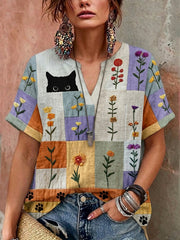 Damen Retro Floral Cat Print Freizeit hemd mit V-Ausschnitt