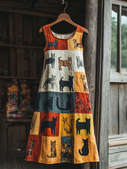 Damen-Retro-Midi-Kleid mit Blumen- und Tiermuster, ärmellos