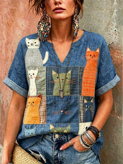 Damen Retro Katzen Print Casual Shirt