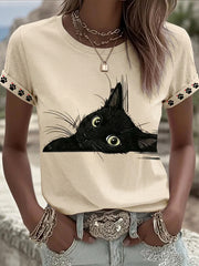 Frauen schwarze Katze Kunst Grafik Lässiges T-Shirt mit kurzen Ärmeln
