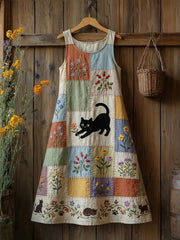 Damen-Retro-Midi-Kleid im Blumen- und Katzen-Print, lässig, ärmellos