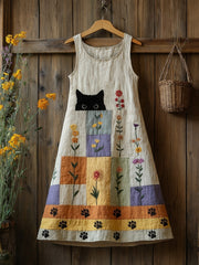 Damen süßes, lustiges, blumiges, Katzen muster, lässig ärmelloses Midi-Kleid