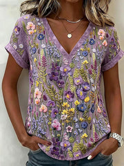 Damen-Floral-Art-Print-Lässiges T-Shirt