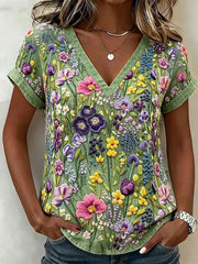 Damen-Floral-Art-Print-Lässiges T-Shirt
