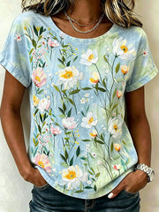 Damen-Floral-Art-Print-Lässiges T-Shirt