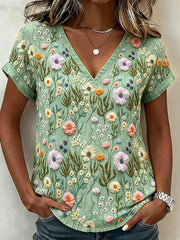 Damen-Floral-Art-Print-Lässiges T-Shirt