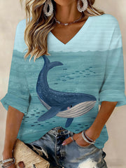 Damen-Wale-Welt-Ozeantag-gedrucktes Waffel-T-Shirt