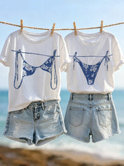 Damen-Strandhängerbikini-Print mit Blumen, kurzärmeliges T-Shirt