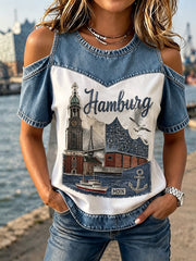 Damen-Top mit Hamburger Hafenlandschaften-Print und Denim-Patchwork