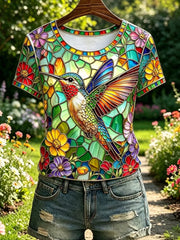 Damen-Lässiges T-Shirt mit floralem Kolibri-Print