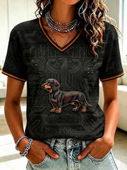 Damen-T-Shirt mit Dackelmotiv und V-Ausschnitt