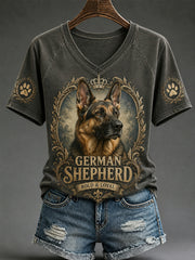 Damen-Retro-T-Shirt mit Hunde-Print und V-Ausschnitt, lässig geschnitten