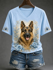 Damen-Retro-T-Shirt mit Hunde-Print und V-Ausschnitt, lässig geschnitten