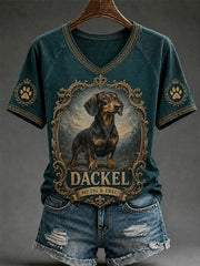 Damen-Retro-T-Shirt mit Hunde-Print und V-Ausschnitt, lässig geschnitten