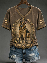 Damen-Retro-T-Shirt mit Hunde-Print und V-Ausschnitt, lässig geschnitten