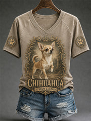 Damen-Retro-T-Shirt mit Hunde-Print und V-Ausschnitt, lässig geschnitten