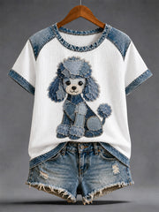 Damen-Denim-Patchwork-T-Shirt mit Hunde-Print und Waffelstruktur, lässig
