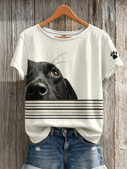 Frauen Peeking Dog & Paw Print Gestreiftes Print Kurzarm-T-Shirt
