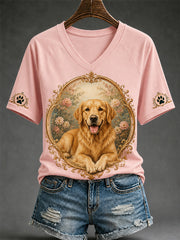 Damen-Retro-T-Shirt mit Hunde-Print und V-Ausschnitt, lässig geschnitten