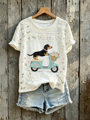 Damen-Süßes Dackel-Motorroller-Art-Blumenprint-Kurzarm-T-Shirt