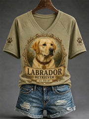 Damen-Retro-T-Shirt mit Hunde-Print und V-Ausschnitt, lässig geschnitten