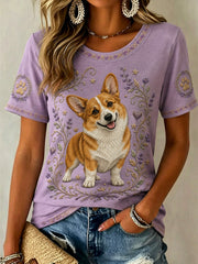 Damen-Retro-T-Shirt mit Blumen- und Hunde-Print, lässig