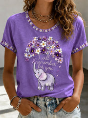 Damen-T-Shirt mit lila Blumenmuster und Aufdruck zur Sensibilisierung für die Alzheimer-Krankheit