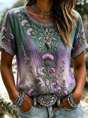 Damen Vintage Celtic Scottish Distel Edles Print Leinen Kurzarm T-Shirt