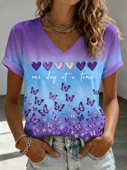 Damen-T-Shirt mit Aufdruck zur Sensibilisierung für die Alzheimer-Krankheit, V-Ausschnitt