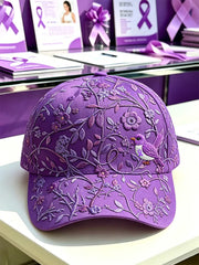 Unisex-Mütze in Lila mit Blumen- und Kolibri‑Muster zur Sensibilisierung für die Alzheimer‑Krankheit