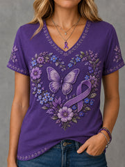Damen-T-Shirt in Lila mit Blumen- und Schmetterlingsmuster zur Sensibilisierung für Alzheimer, V-Ausschnitt