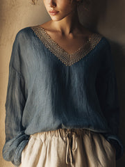 Damenhemd aus Leinen im Vintage-Stil mit Spitzen-Patchwork