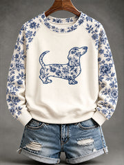 Damen-Sweatshirt mit Dackel- und chinesisch inspiriertem Blumenmuster