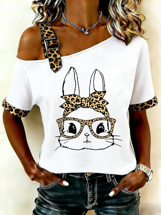 Niedliches Leopard-Häschen-Print für Damen, lässig, schulter freies Kurzarm-T-Shirt