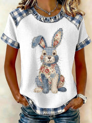 Damen-Kaninchen-Patchwork-Kunstdruck-Lässiges T-Shirt