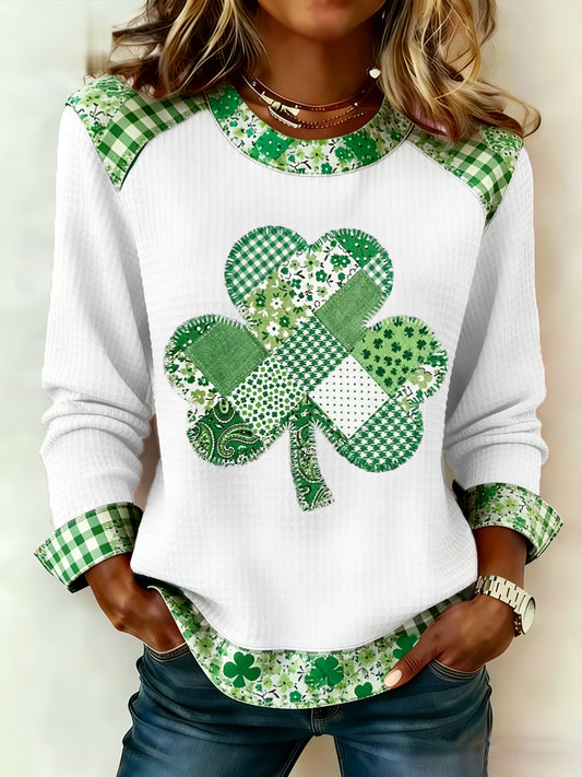 Damen St. Patrick's Day Floral Shamrock Print Casual Waffel Sweatshirt