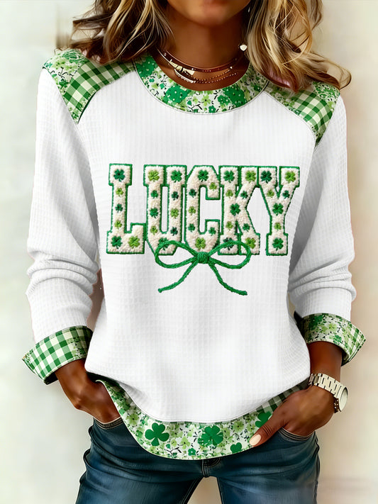 Damen St. Patrick's Day Lucky Shamrocks Print Casual Waffel Sweatshirt