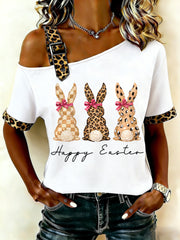 Niedliches Leopard-Häschen-Print für Damen, lässig, schulter freies Kurzarm-T-Shirt