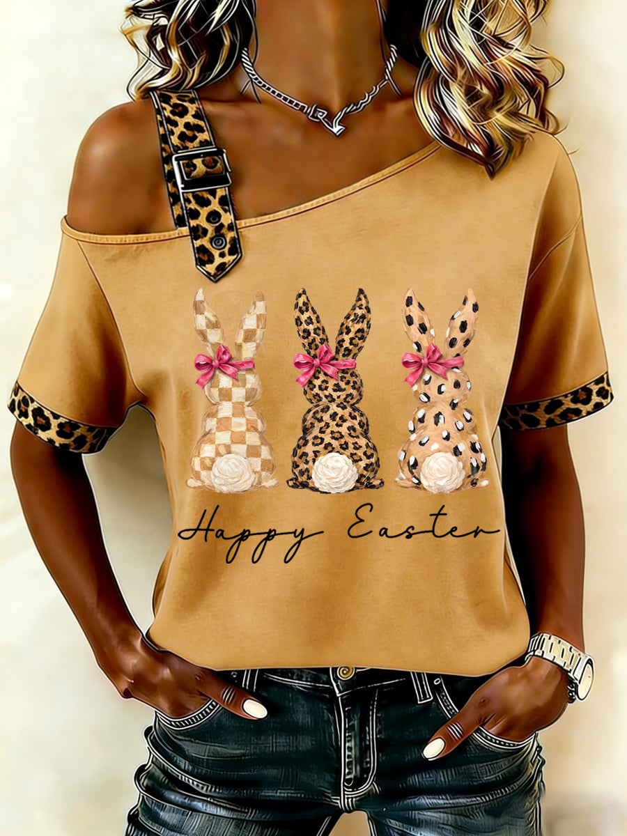 Niedliches Leopard-Häschen-Print für Damen, lässig, schulter freies Kurzarm-T-Shirt