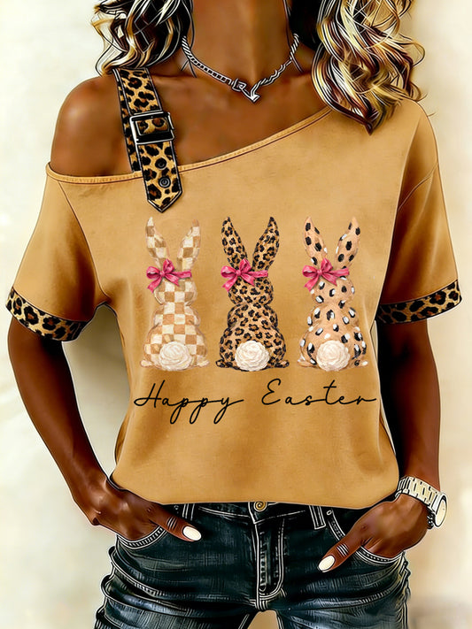 Niedliches Leopard-Häschen-Print für Damen, lässig, schulter freies Kurzarm-T-Shirt